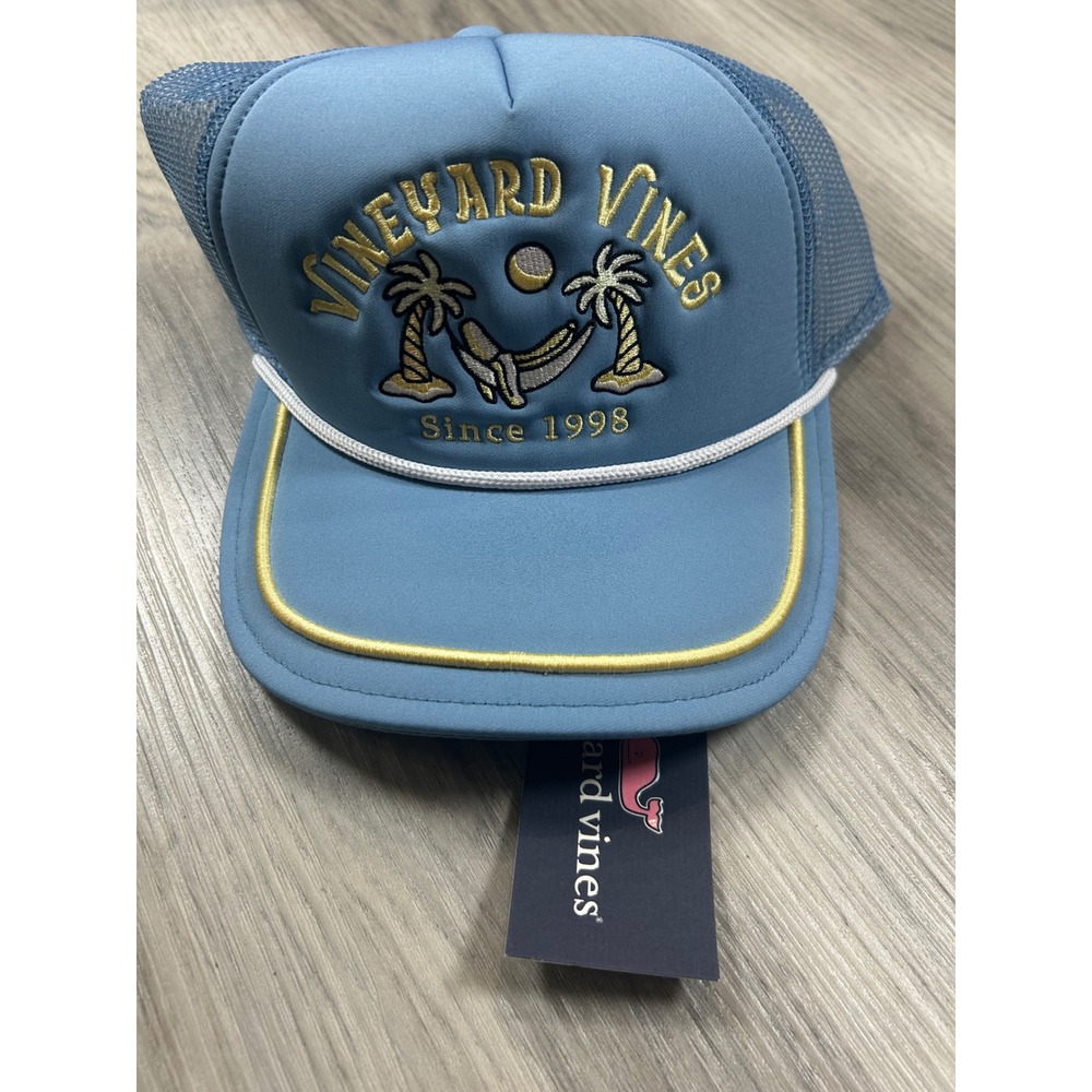 Vineyard Vines Light Blue Trucker Hat Embroidered Hammock Palm Tree Snapback NEW